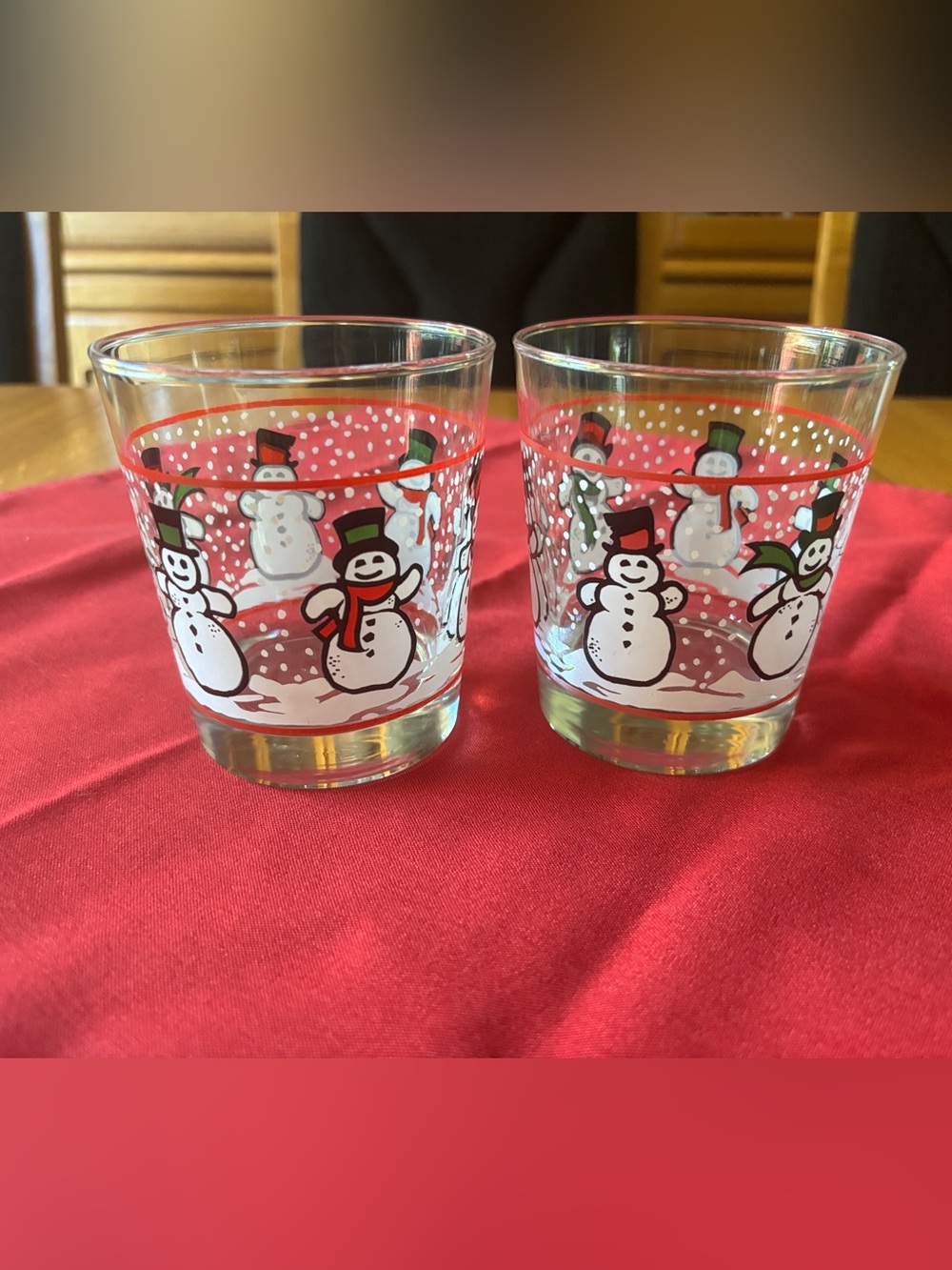 Set of 2 Vintage Snowman Holiday Tumblers - Festive Red and Green
